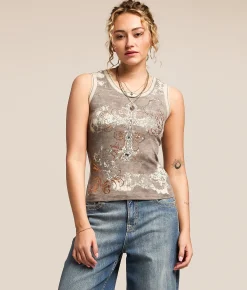 Miss Me Glitz Lace-Up Tank Top Heather Grey Online