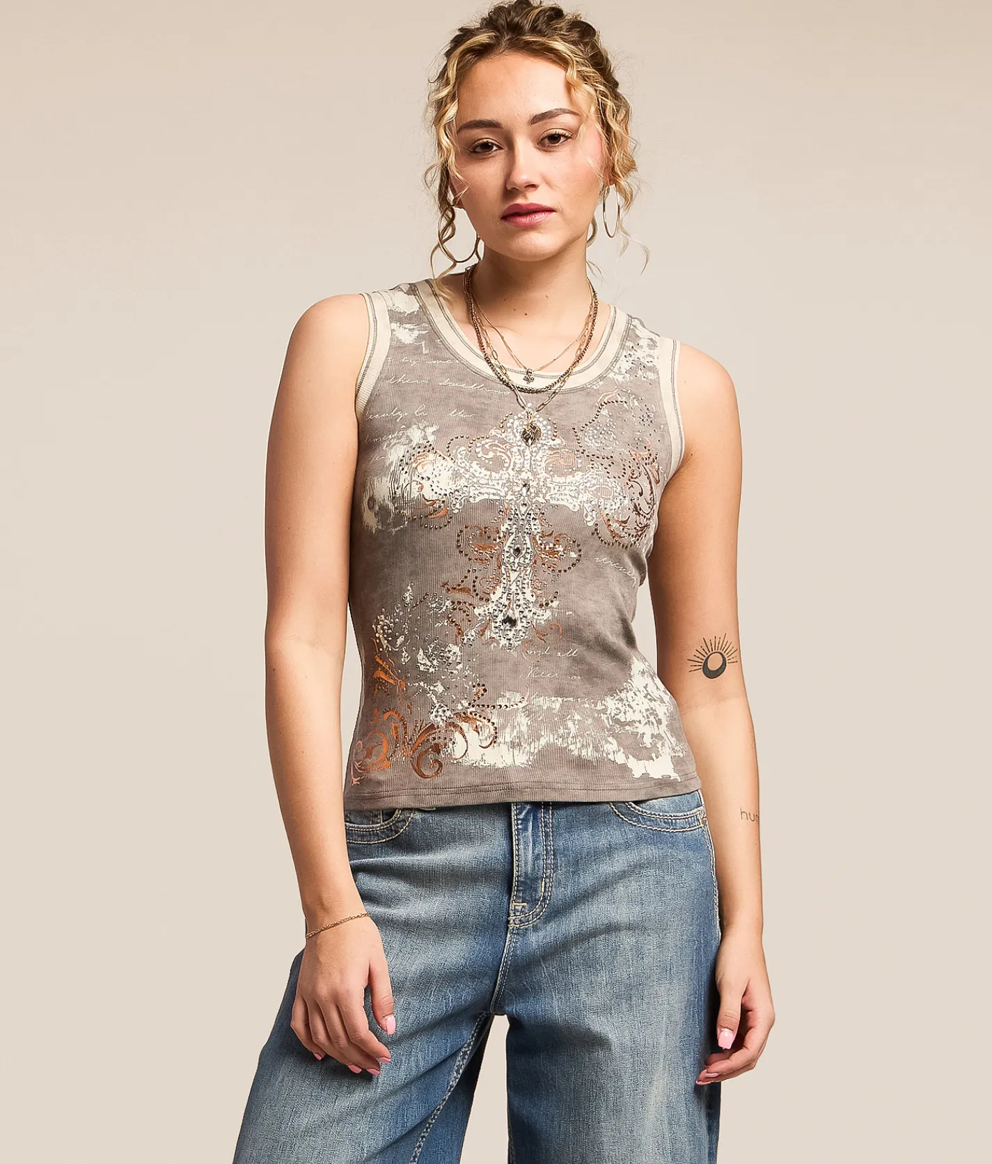 Miss Me Glitz Lace-Up Tank Top Heather Grey Online