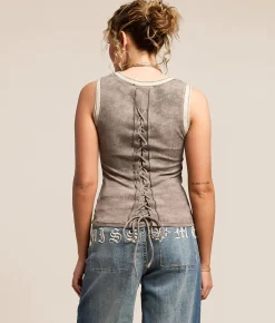 Miss Me Glitz Lace-Up Tank Top Heather Grey Online
