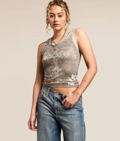 Miss Me Glitz Lace-Up Tank Top Heather Grey Online