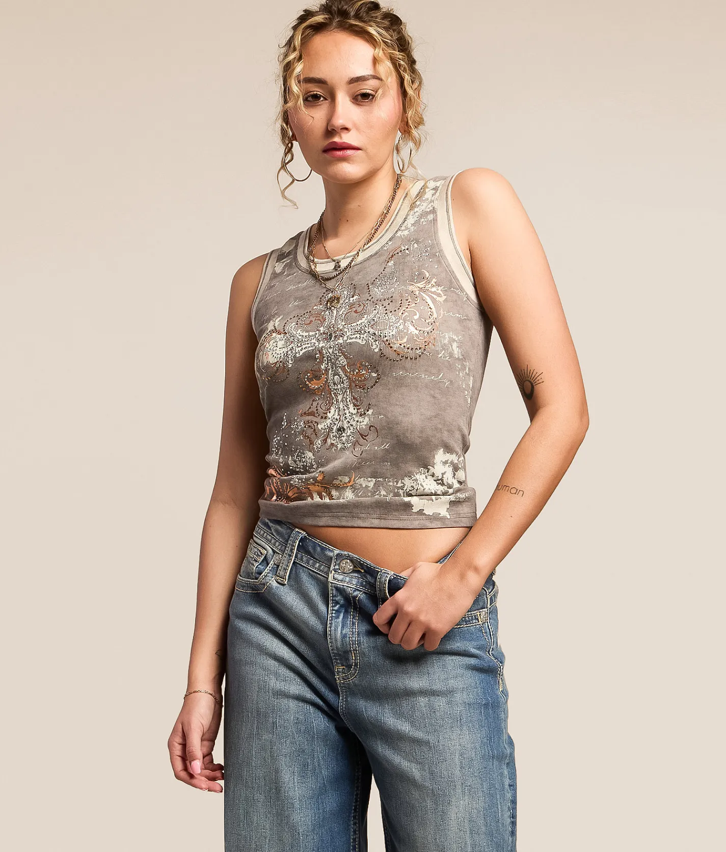 Miss Me Glitz Lace-Up Tank Top Heather Grey Online