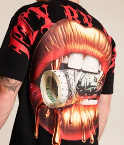 Tops|Graphic T-Shirts | FLY by Popularity Golden Lips Oversized T-Shirt Black