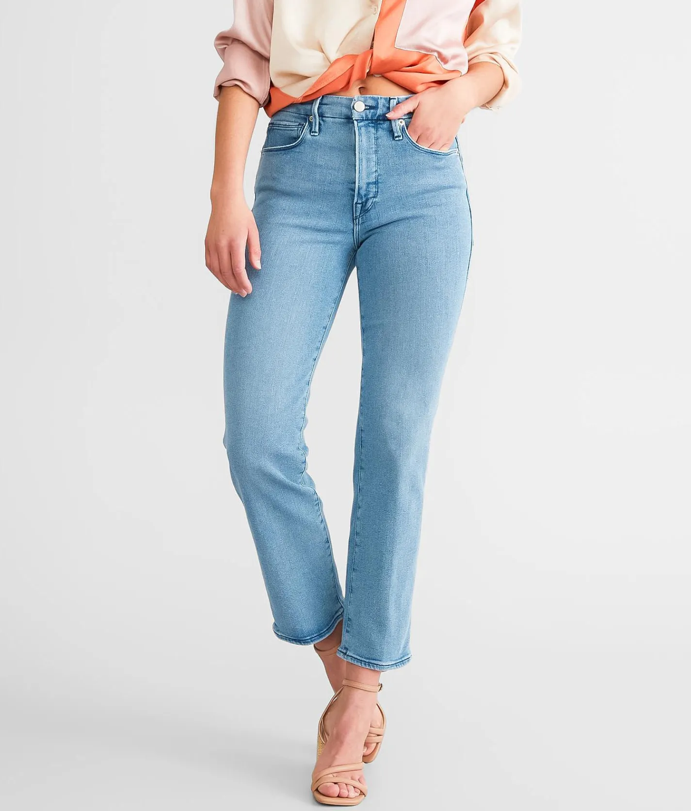 GOOD AMERICAN Good Legs High Rise Straight Stretch Jean Blue 449 Sale