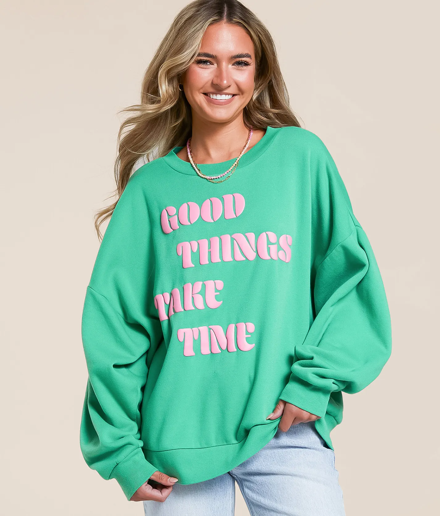 Modish Rebel Good Things Take Time Oversized Pullover Green Spruce