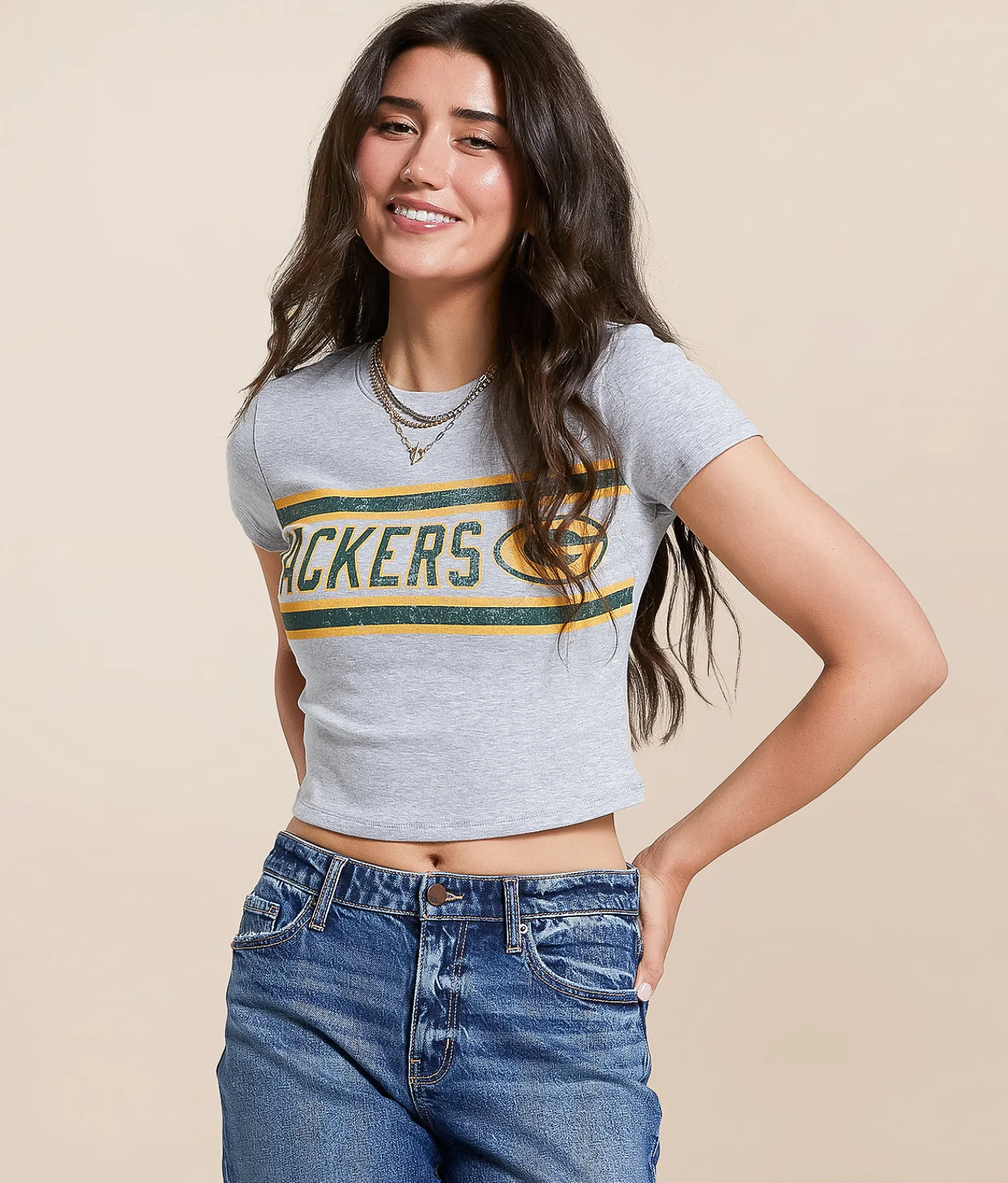 Tops | Junkfood Green Bay Packers Sideline Baby Cropped T-Shirt Heather Grey