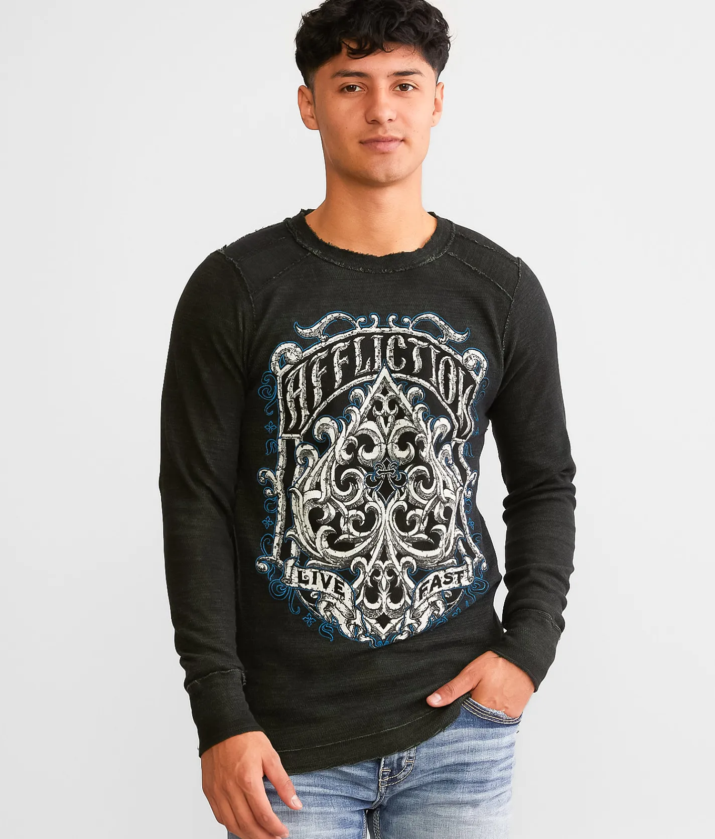 Graphic T-Shirts | Affliction Grim Intent Reversible Thermal Dark Forest Crys Wash Bk