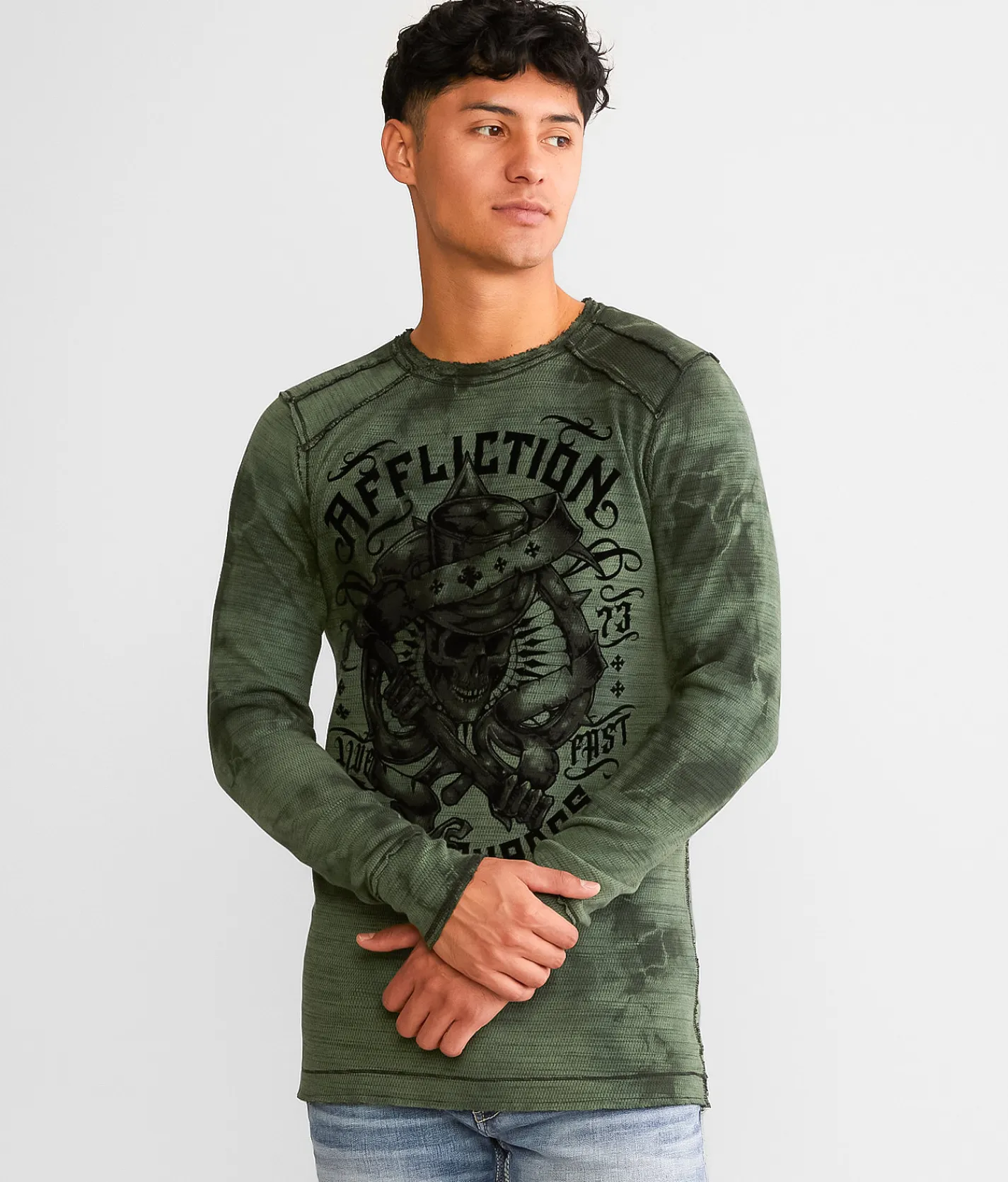 Graphic T-Shirts | Affliction Grim Intent Reversible Thermal Dark Forest Crys Wash Bk