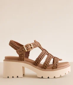 Shoes | Mia Harllow Raffia Chunky Heeled Sandal Cognac