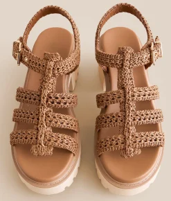 Shoes | Mia Harllow Raffia Chunky Heeled Sandal Cognac