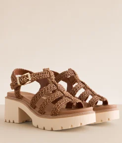 Shoes | Mia Harllow Raffia Chunky Heeled Sandal Cognac