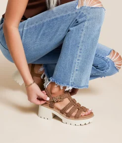 Shoes | Mia Harllow Raffia Chunky Heeled Sandal Cognac