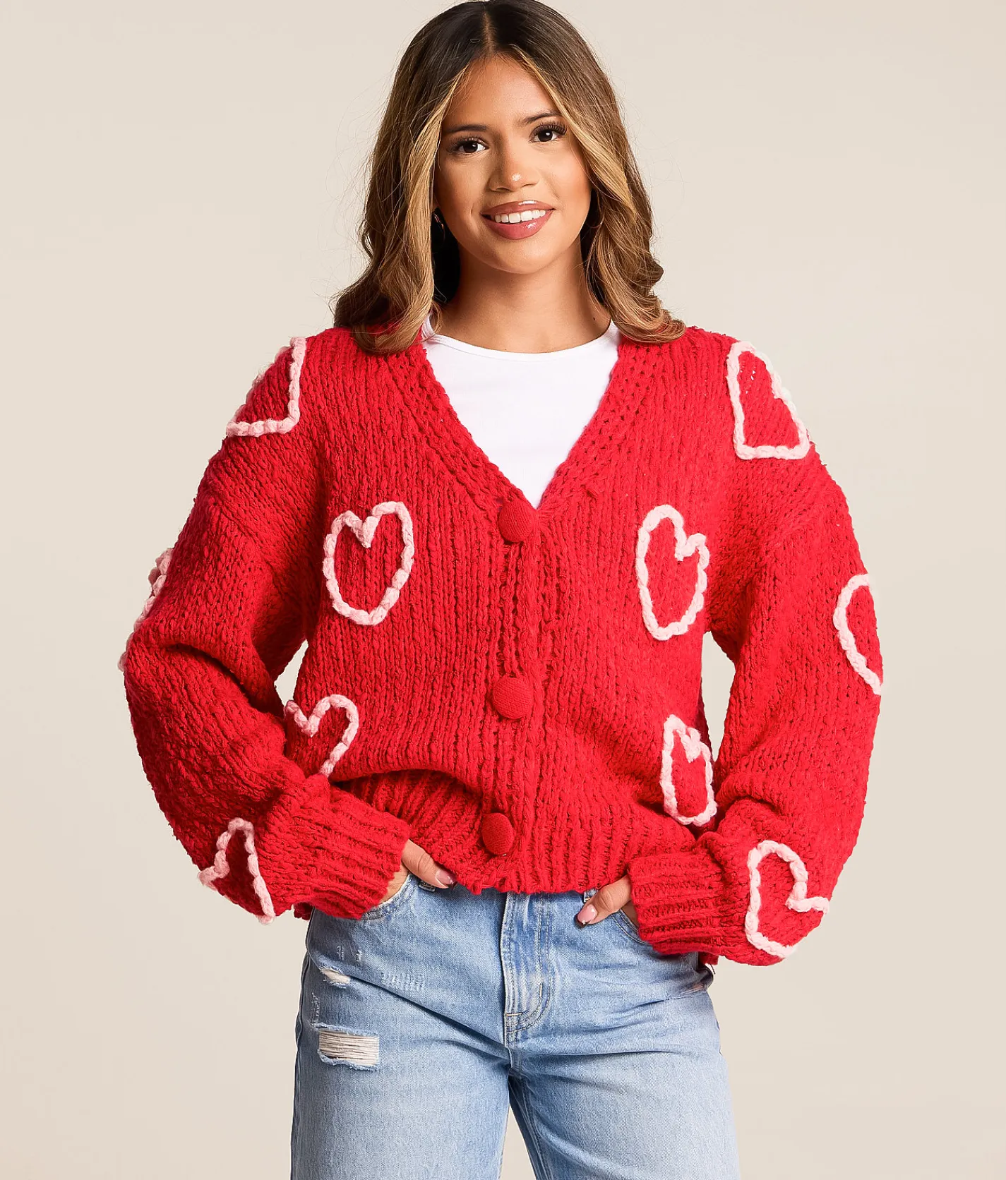 Tops | BiBi Heart Cardigan Sweater Red Pink