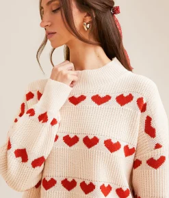 Tops | BaeVely Heart Striped Sweater Cream