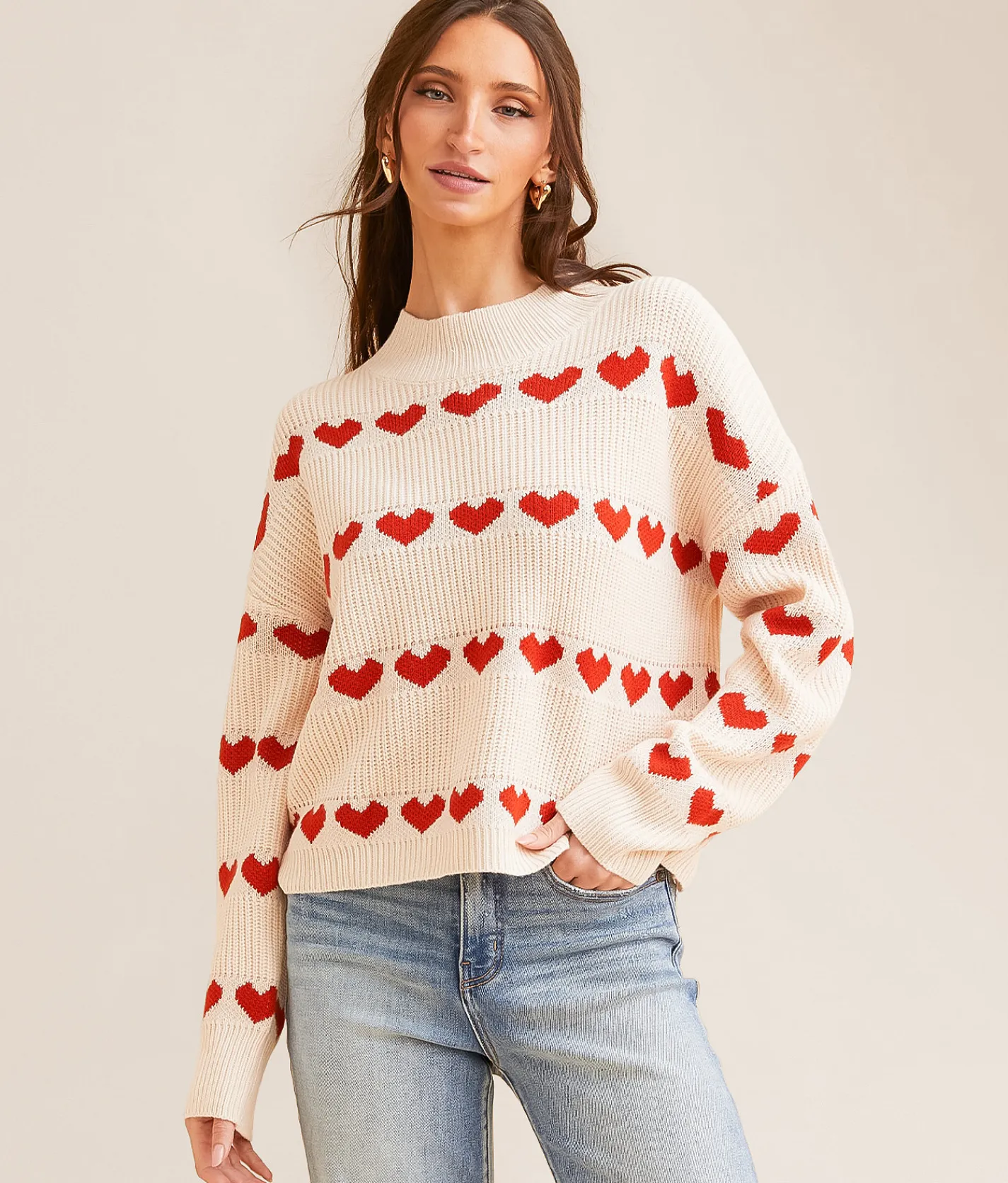 Tops | BaeVely Heart Striped Sweater Cream