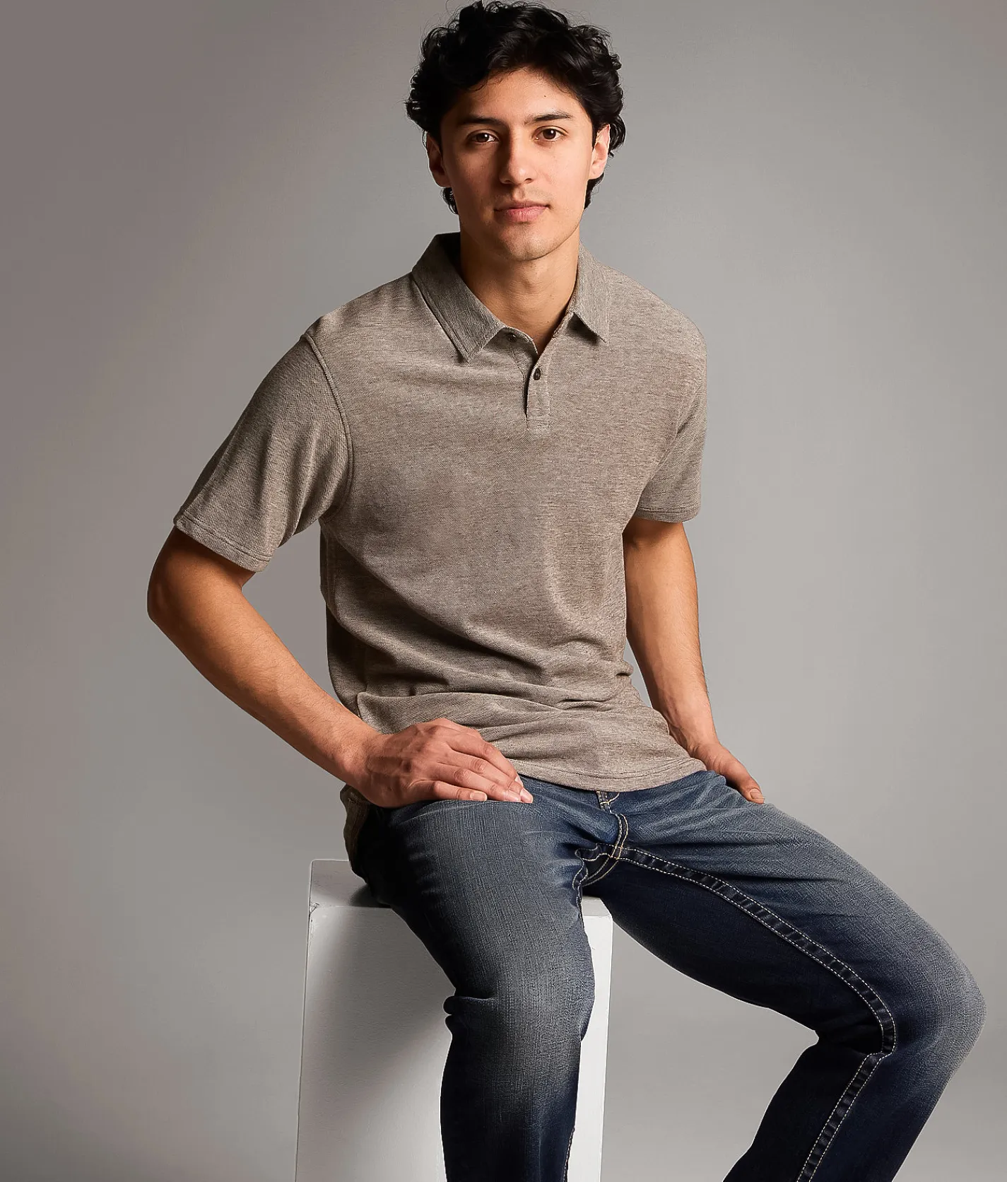 Tops | BKE Heathered Polo Brown Cream