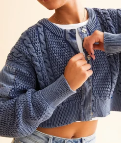 Free People Heritage Cropped Cardigan Sweater Indigo Hot