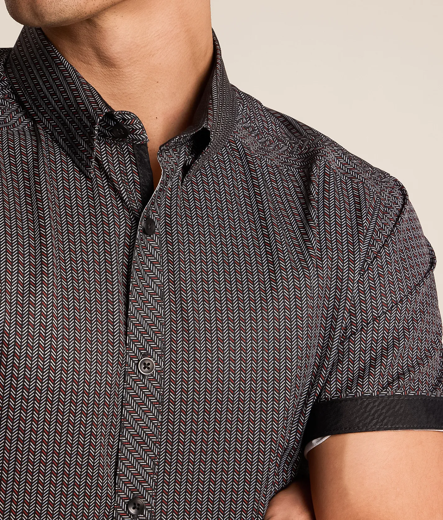 J.B. Holt Herringbone Standard Performance Stretch Shirt Black Grey Red Discount