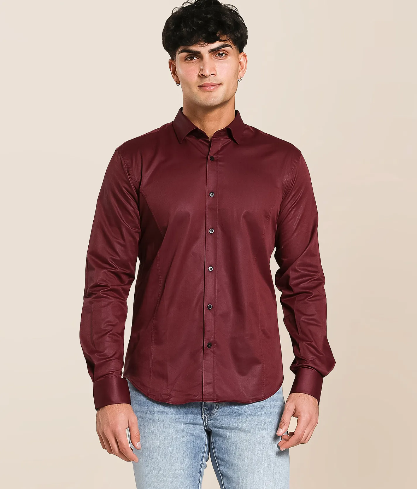 Eight X Herringbone Stretch Shirt Burgundy New