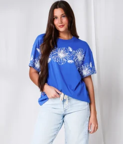 Tops | 33 Coastal Hibiscus Oversized T-Shirt Strong Blue