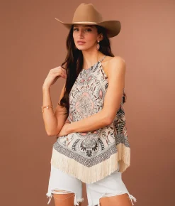 Sterling & Stitch High Neck Fringe Tank Top Stone Slate Outlet