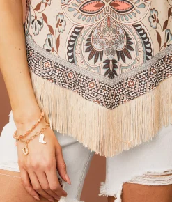 Sterling & Stitch High Neck Fringe Tank Top Stone Slate Outlet