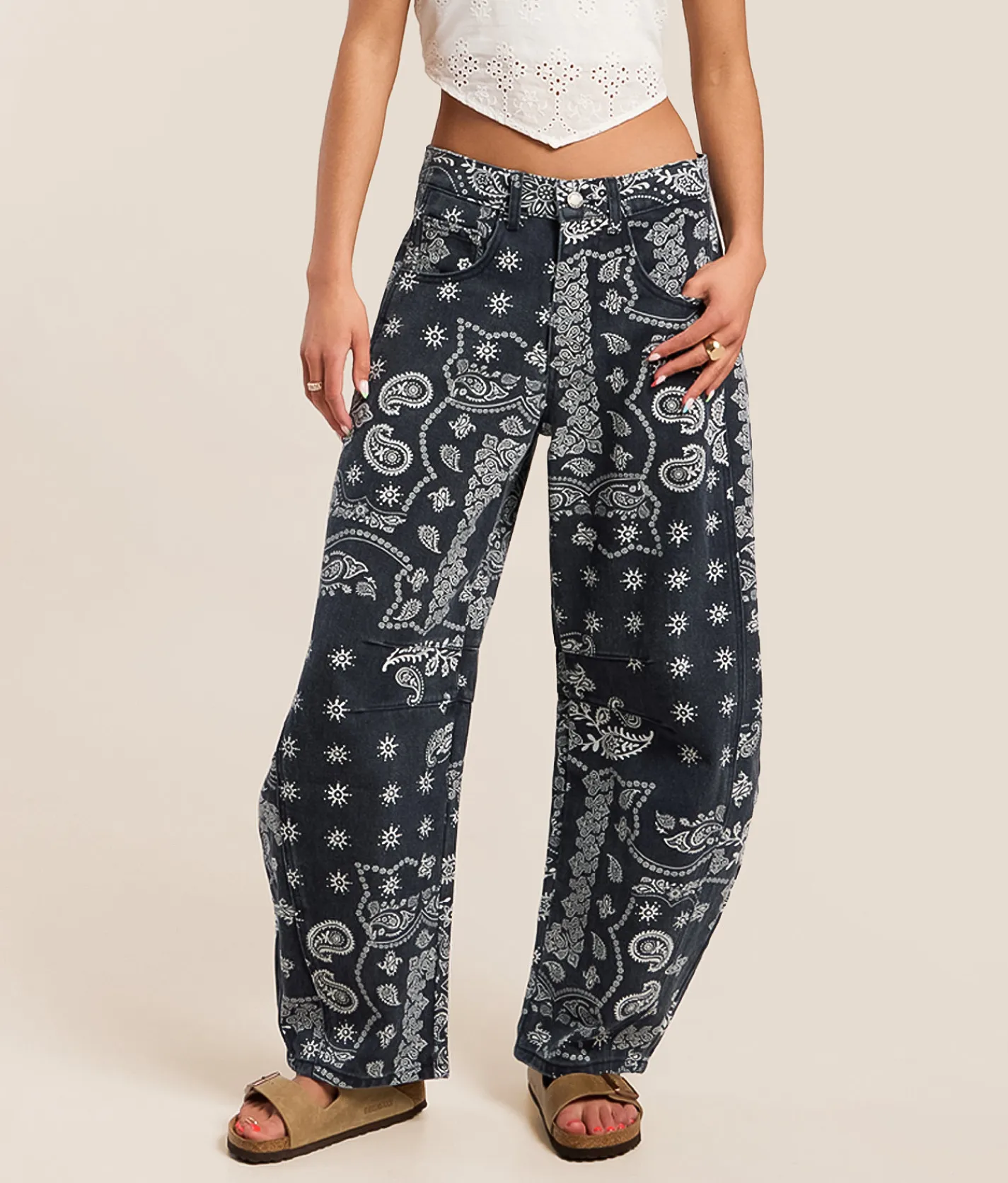 Veveret High Rise Paisley Barrel Jean Navy Hot