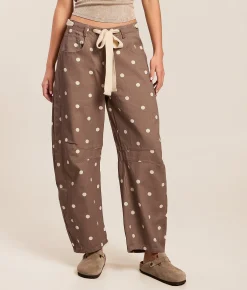 Peach Love California High Rise Polka Dot Barrel Pant Brown Ivory Hot