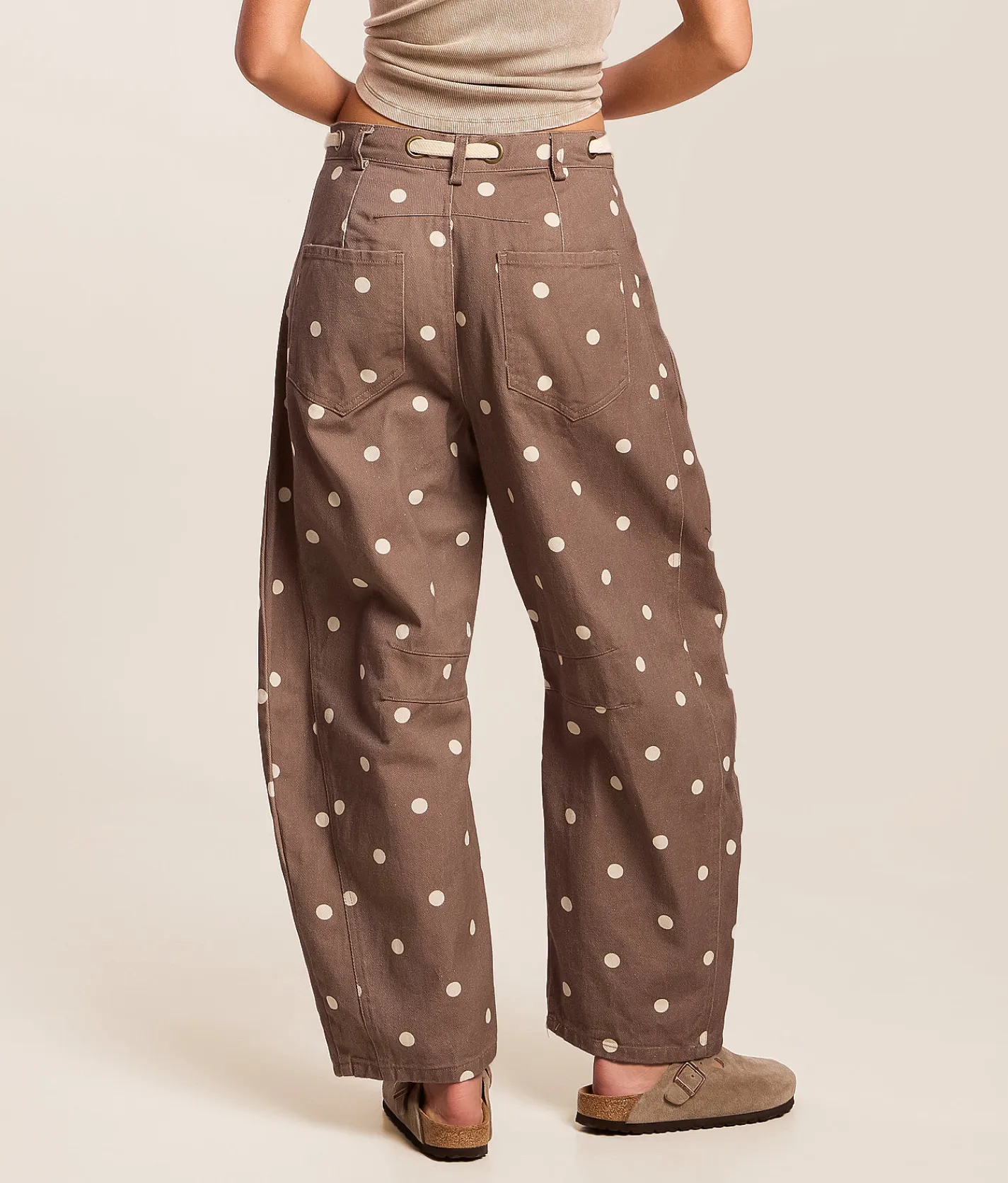Peach Love California High Rise Polka Dot Barrel Pant Brown Ivory Hot