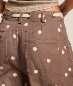Peach Love California High Rise Polka Dot Barrel Pant Brown Ivory Hot