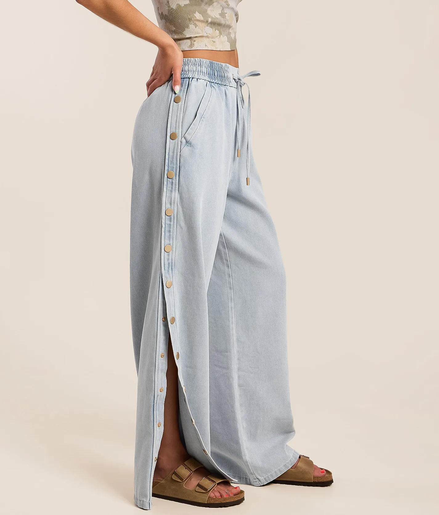 Jeans|New Jeans | CAMELLIA High Rise Wide Leg Baggy Side Snap Jean Blue
