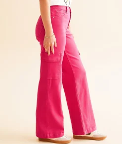 Risen High Rise Wide Leg Cargo Stretch Pant Fuchsia Clearance