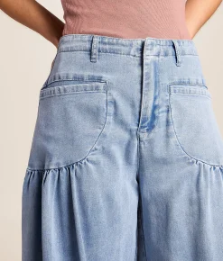 CAMELLIA High Rise Wide Leg Cinch Stretch Pant Blue New