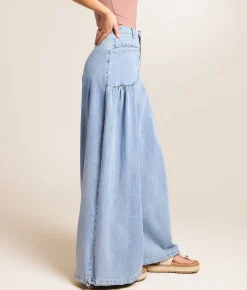 CAMELLIA High Rise Wide Leg Cinch Stretch Pant Blue New
