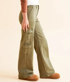 Flying Monkey High Rise Wide Leg Stretch Cargo Pant Green Clearance