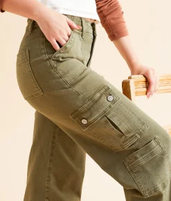 Flying Monkey High Rise Wide Leg Stretch Cargo Pant Green Clearance