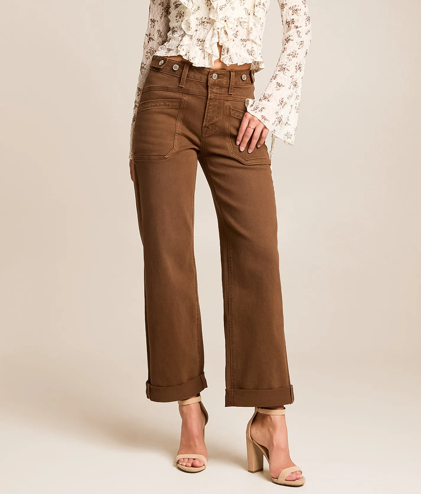 Jeans | Flying Monkey High Rise Wide Leg Stretch Cuffed Jean Coffee