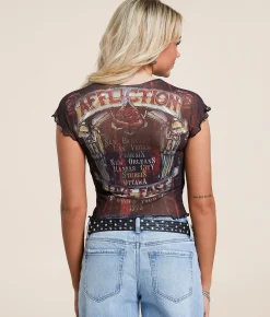 Tops | Affliction Hollow Point Mesh Baby Cropped T-Shirt Black