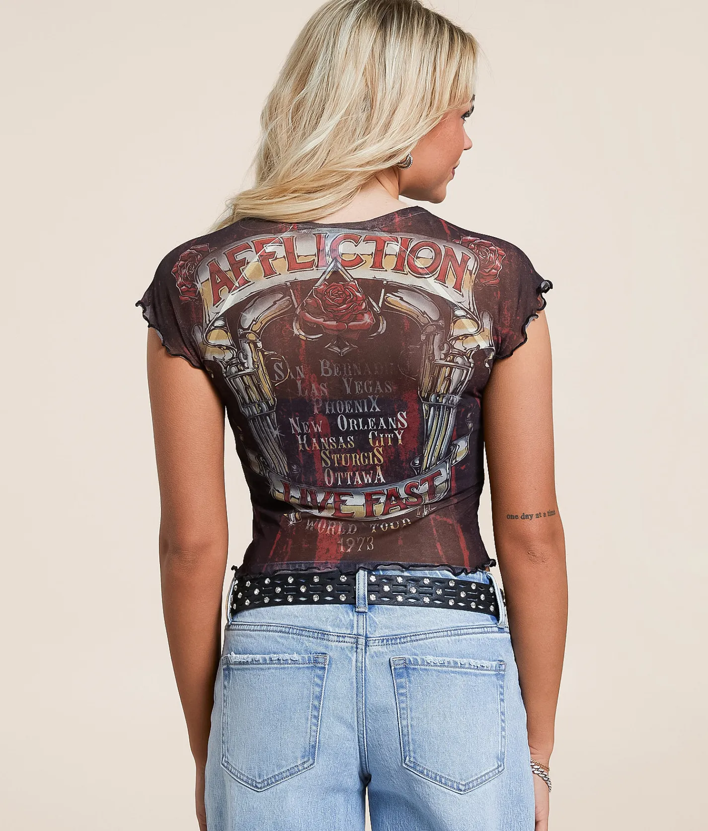 Tops | Affliction Hollow Point Mesh Baby Cropped T-Shirt Black