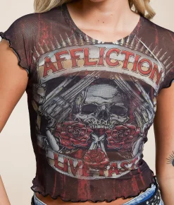 Tops | Affliction Hollow Point Mesh Baby Cropped T-Shirt Black
