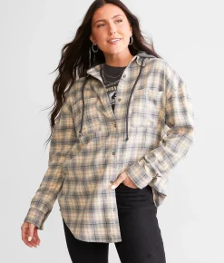 Tops | BKE Hooded Flannel Boyfriend Shirt Grey