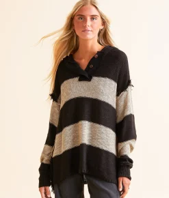 BKE Hooded Henley Sweater Black Taupe Sale
