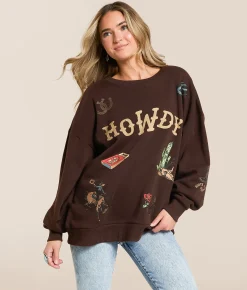 Tops | Modish Rebel Howdy Tattoo Oversized Pullover Chocolate Brown