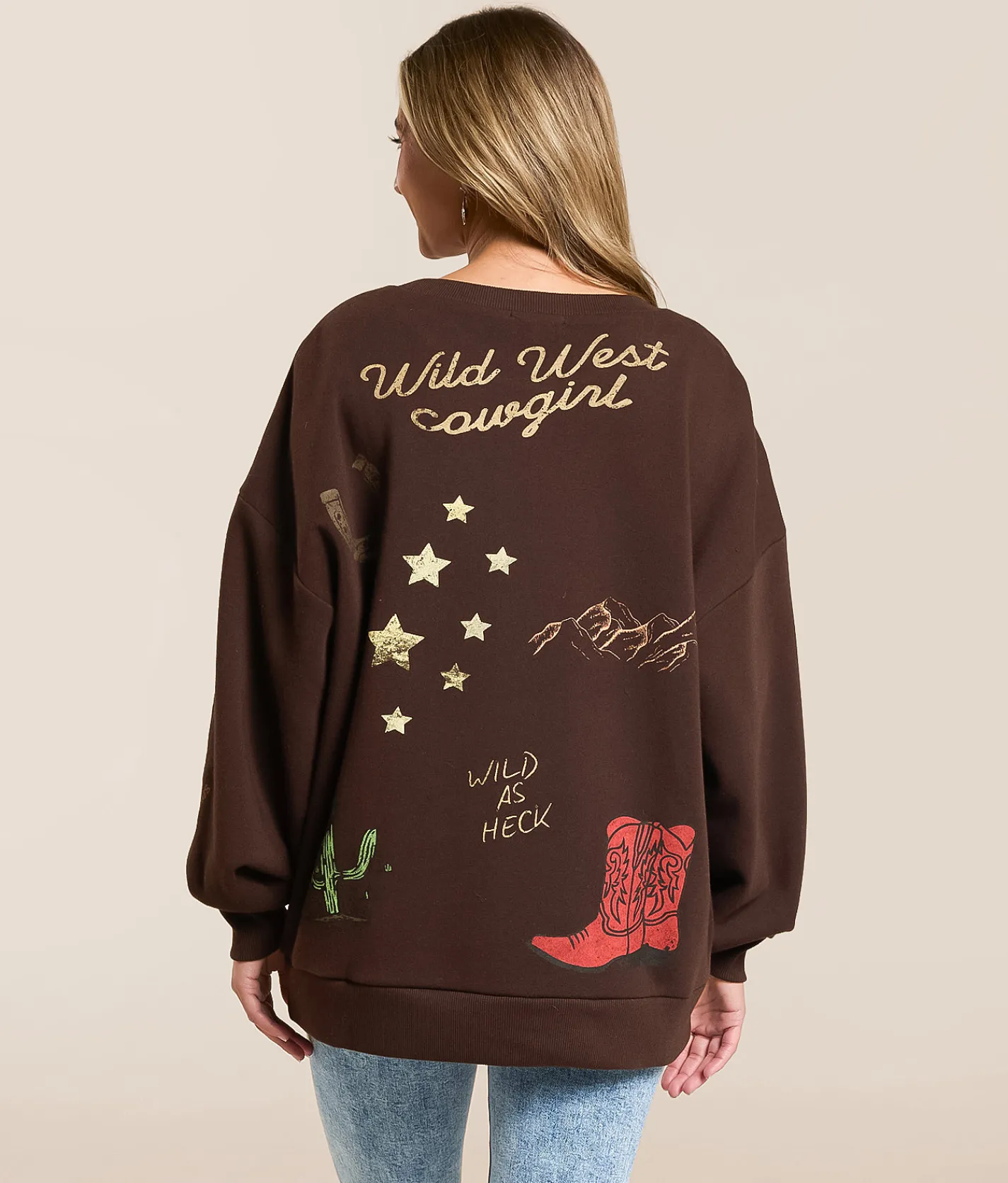Tops | Modish Rebel Howdy Tattoo Oversized Pullover Chocolate Brown