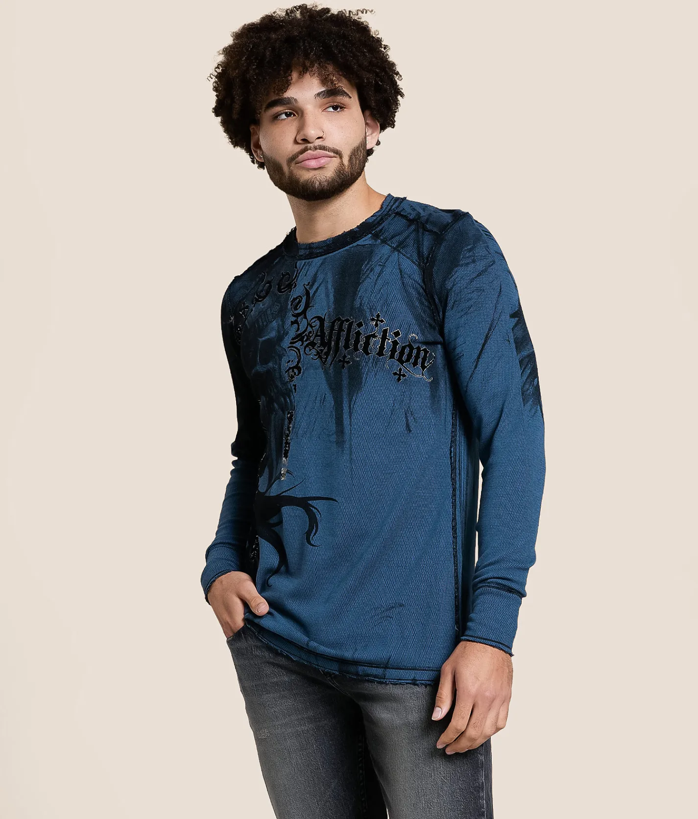 Affliction Indian Chief Reversible Thermal Aegean Blue Black Clearance