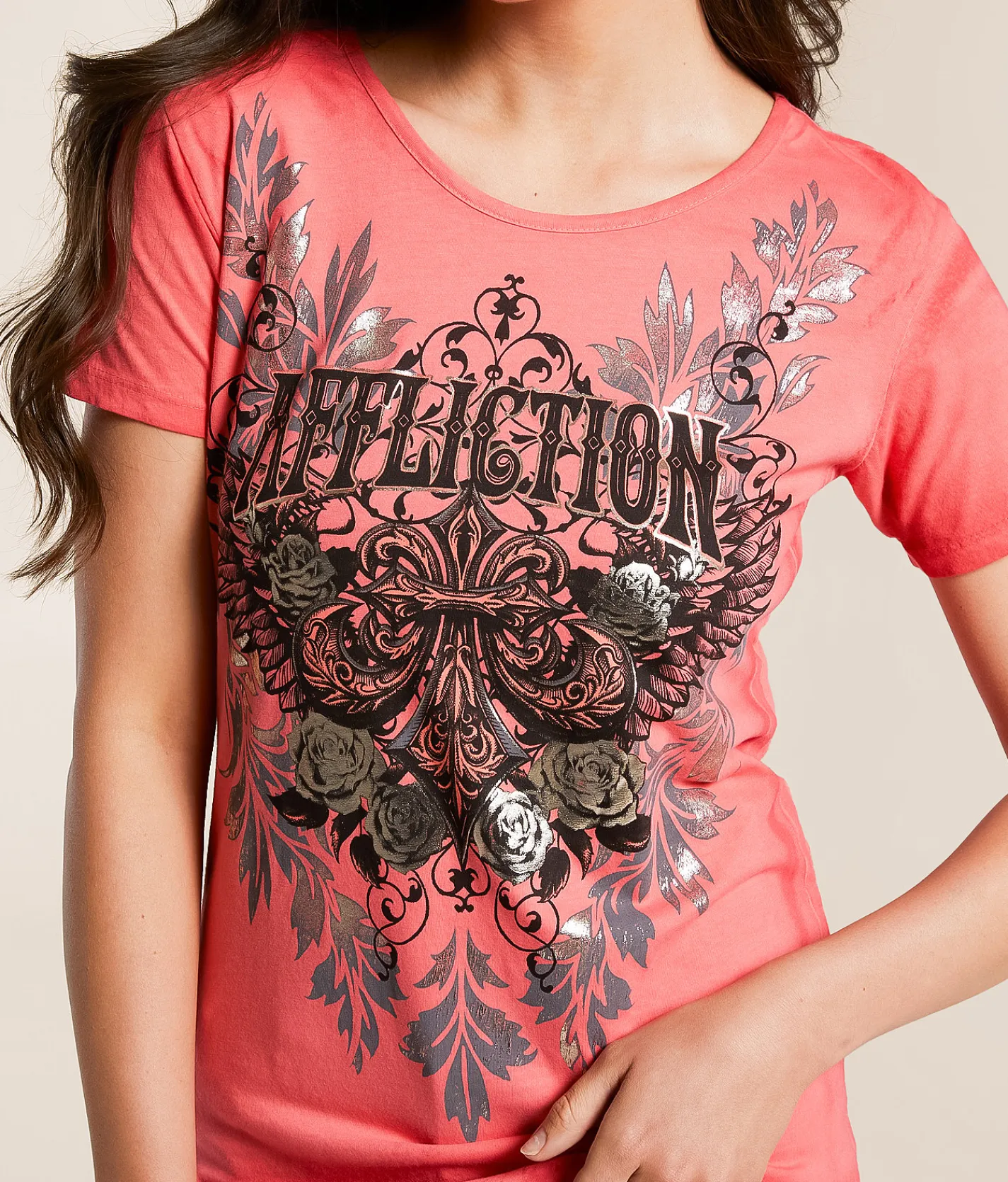 Affliction Iron Twist T-Shirt Coral Paradise Reactive Clearance