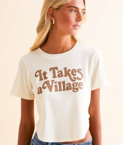 Tops | Bioworld It Takes A Village Cropped T-Shirt Cream