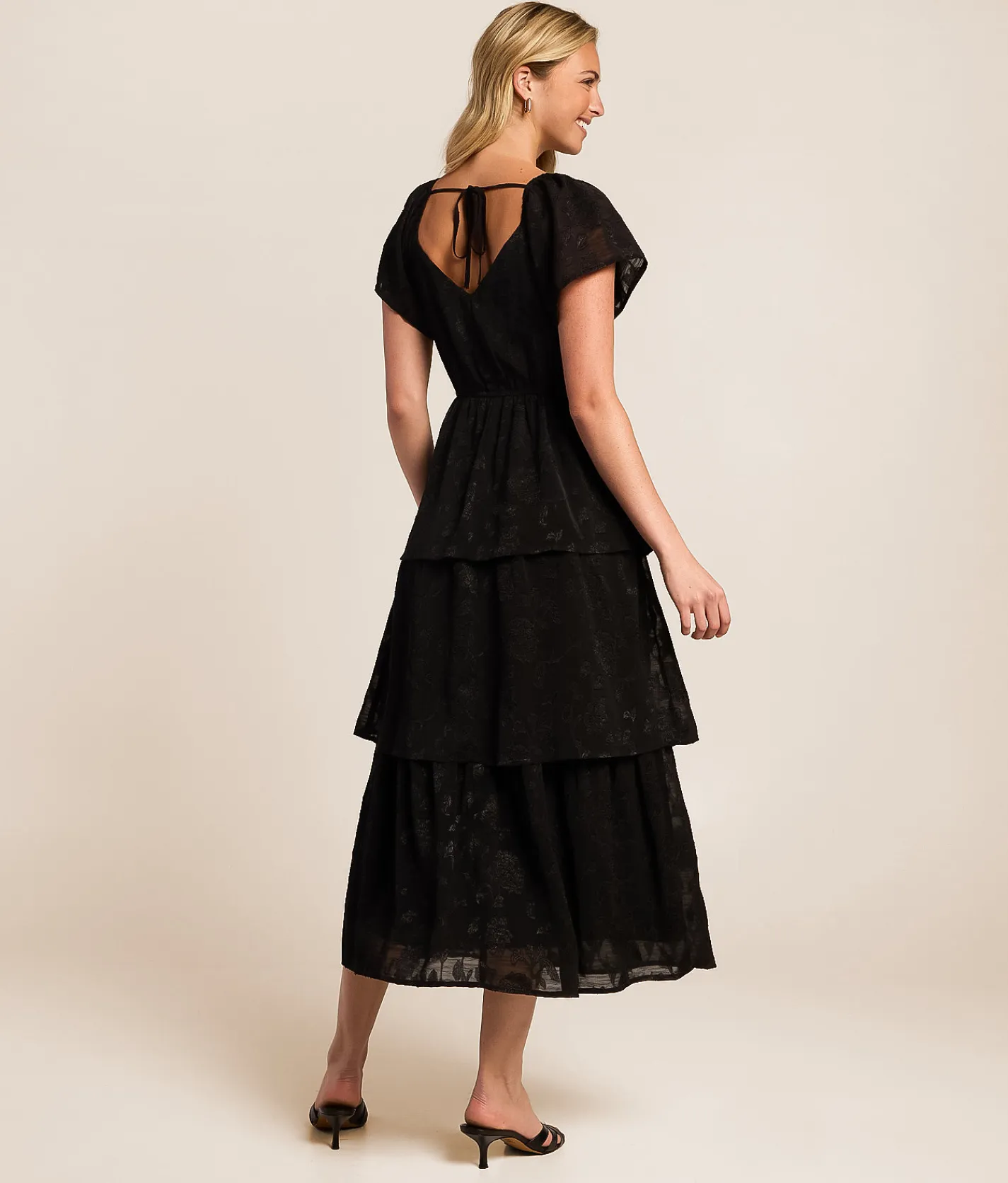 Dresses | Willow & Root Jacquard Floral Tiered Midi Dress Black