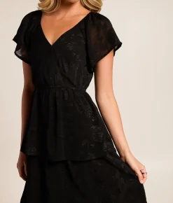 Dresses | Willow & Root Jacquard Floral Tiered Midi Dress Black