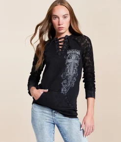 Tops | Affliction Jasmine Lace-Up Hoodie Black Reactive