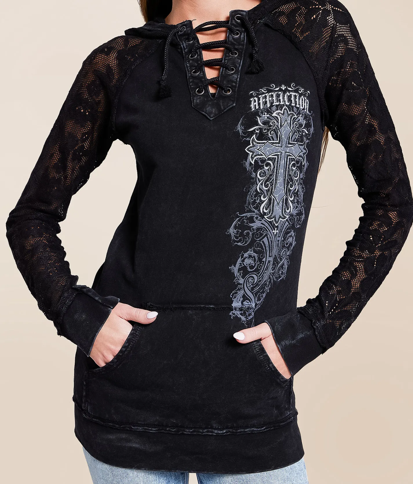 Tops | Affliction Jasmine Lace-Up Hoodie Black Reactive